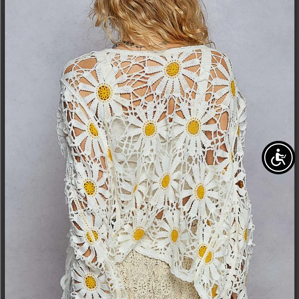 White Crochet Cardigan with Yellow Daisy Accents - Picture 5 of 5